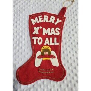 Vintage Christmas Stocking 1950s Felt Angel Sequin Handmade Merry Xmas To All